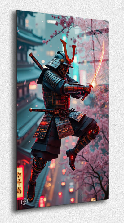 A samurai in fractal armor, his katana emitting quantum particles.