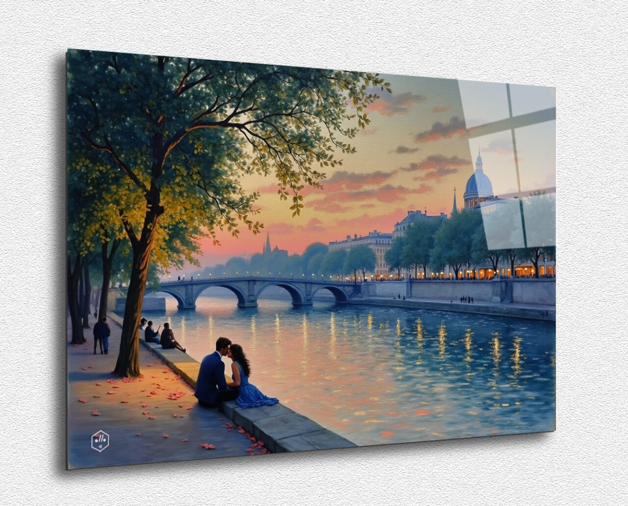 A romantic scene of the Seine at dusk, with contemporary elements and pastel colors.