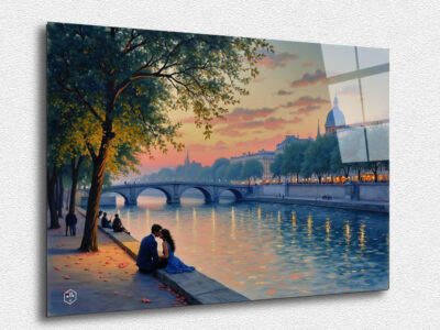 A romantic scene of the Seine at dusk, with contemporary elements and pastel colors.
