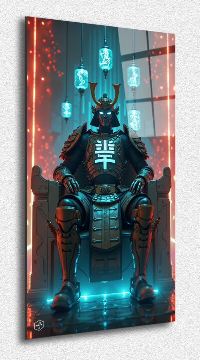 A cybernetic shogun sits on a throne of light, his gaze pierced by data streams.