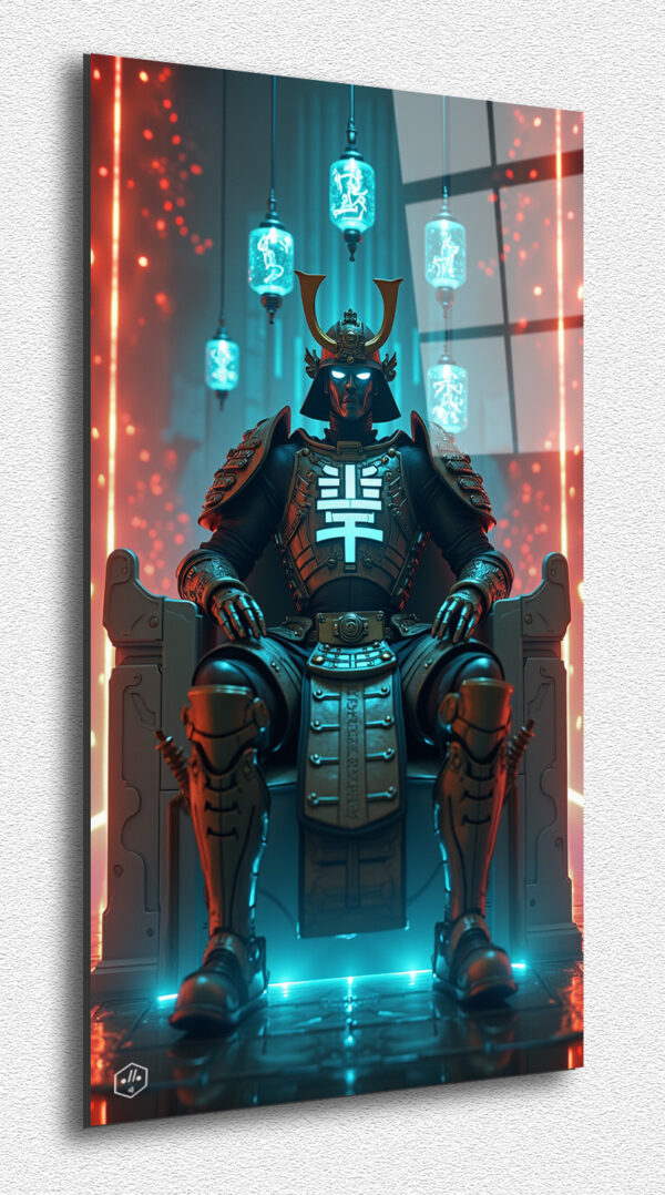 A cybernetic shogun sits on a throne of light, his gaze pierced by data streams.