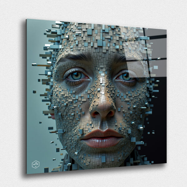 A portrait of paranoia, where the eyes dart around as if aware they are being watched—but when the viewer moves, the entire face shatters into indistinguishable shapes.