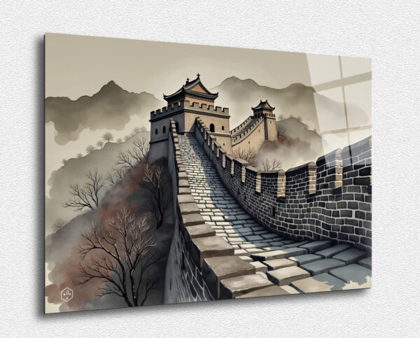 A detailed ink painting of the Great Wall of China, capturing its grandeur and historical significance.