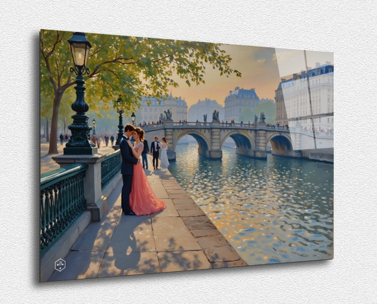 A romantic scene of the Pont des Arts in Paris, with contemporary elements and pastel colors.