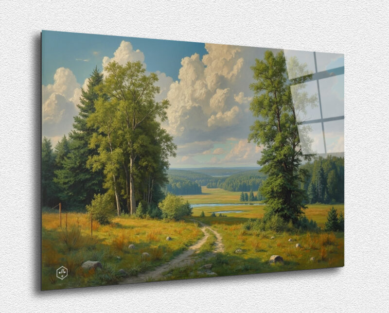 A detailed landscape painting of the Russian countryside, capturing its natural beauty and tranquility.