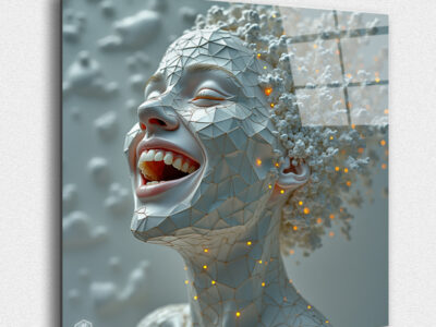A face of uncontrollable laughter, eyes glistening with delight—until the joy fractures, leaving an eerie, unnatural smile.