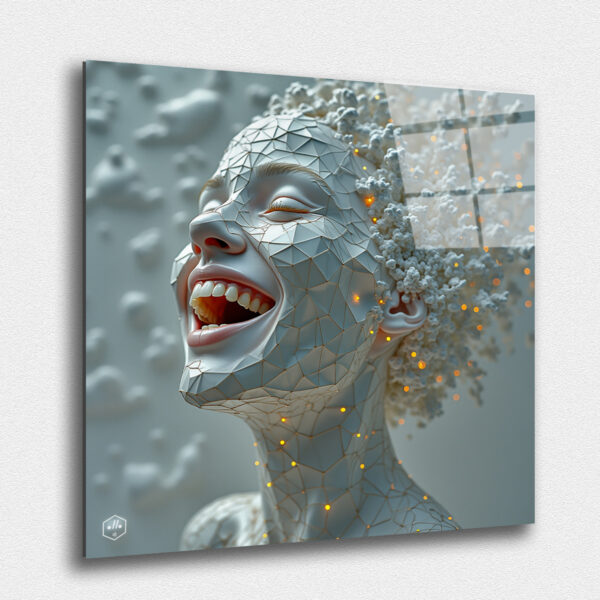 A face of uncontrollable laughter, eyes glistening with delight—until the joy fractures, leaving an eerie, unnatural smile.