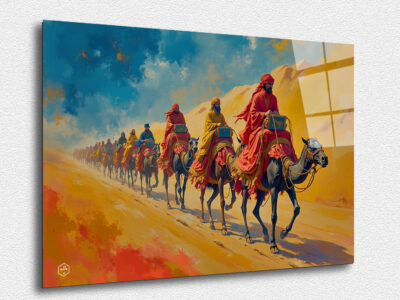 A vibrant painting of a caravan traveling along the Silk Road, capturing the opulence and cultural exchange of the route.