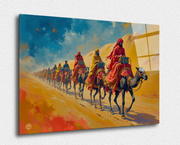 A vibrant painting of a caravan traveling along the Silk Road, capturing the opulence and cultural exchange of the route.