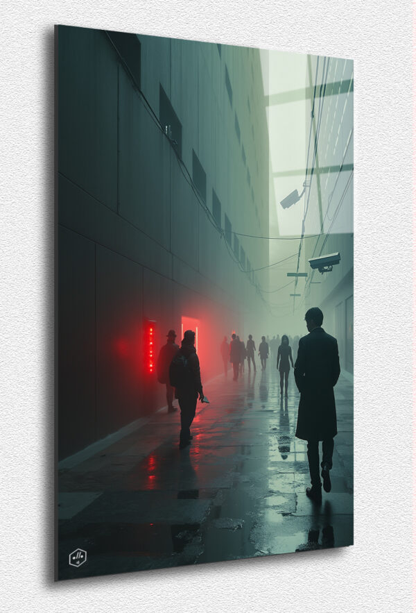 A photorealistic depiction of a society under constant surveillance, exploring themes of privacy, control, and manipulation.