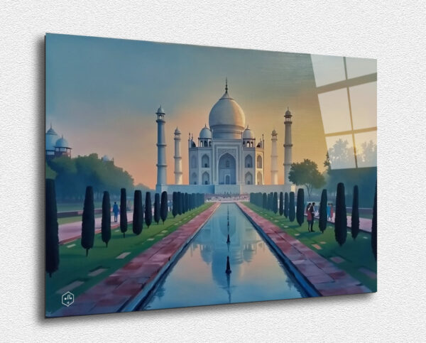 A serene painting of the Taj Mahal at dawn, capturing the tranquil and romantic atmosphere of the iconic landmark.