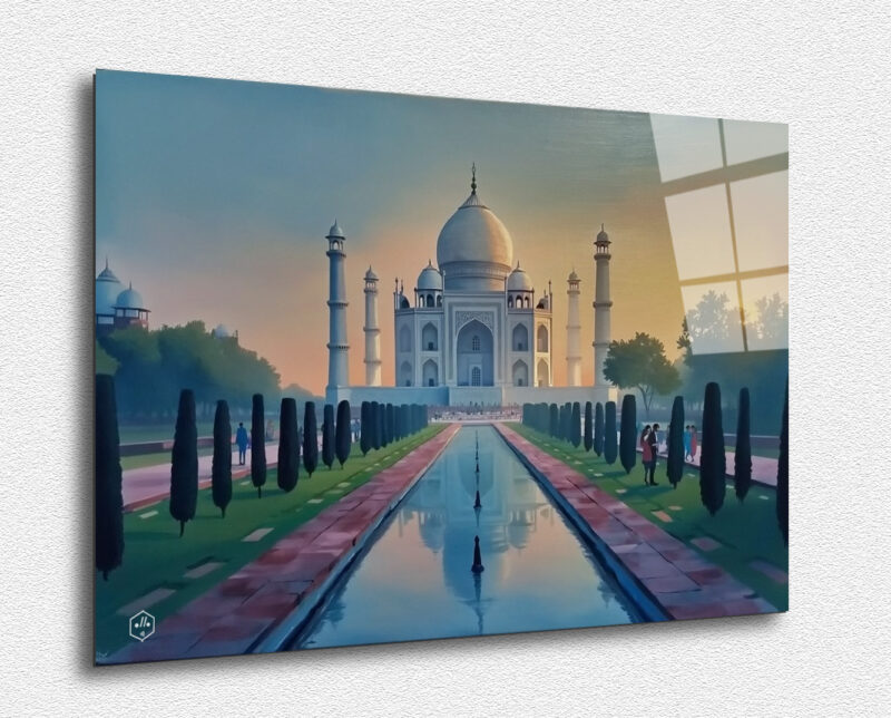 A serene painting of the Taj Mahal at dawn, capturing the tranquil and romantic atmosphere of the iconic landmark.