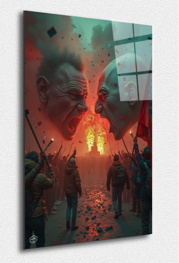 A powerful and immersive fresco on political fracture, where beliefs and ideologies collide in a hypnotic and unsettling visual chaos.