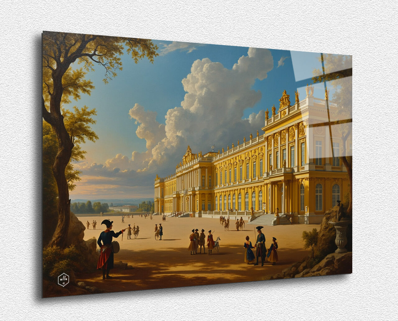 A majestic representation of the Palace of Versailles, with contemporary elements and light effects.