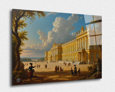 A majestic representation of the Palace of Versailles, with contemporary elements and light effects.
