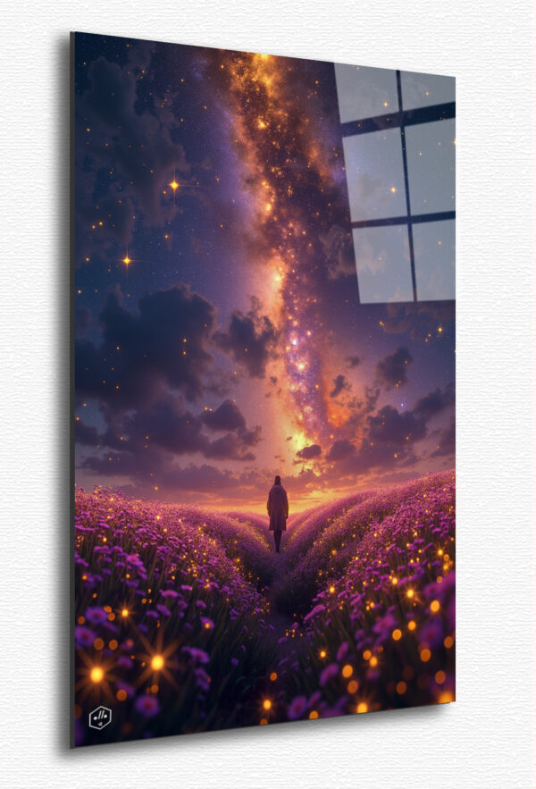 A lone figure walks through a vast cosmic field where stars bloom like flowers, each pulse of light carrying echoes of distant melodies.