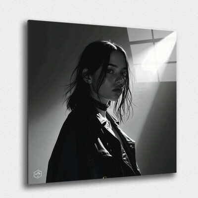 A moody, introspective portrait of Billie Eilish, capturing her raw authenticity and alternative edge.