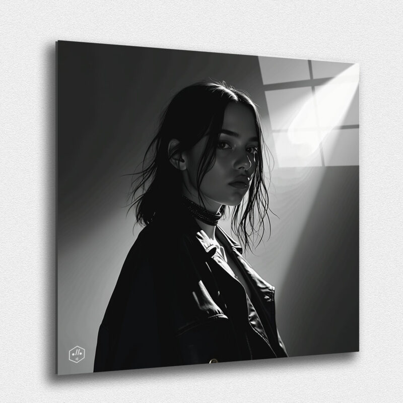 A moody, introspective portrait of Billie Eilish, capturing her raw authenticity and alternative edge.