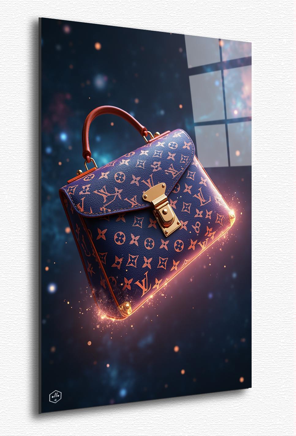 A Louis Vuitton handbag, weightless and celestial, floats among the stars, its leather surface reflecting galaxies, symbolizing the brand’s eternal influence