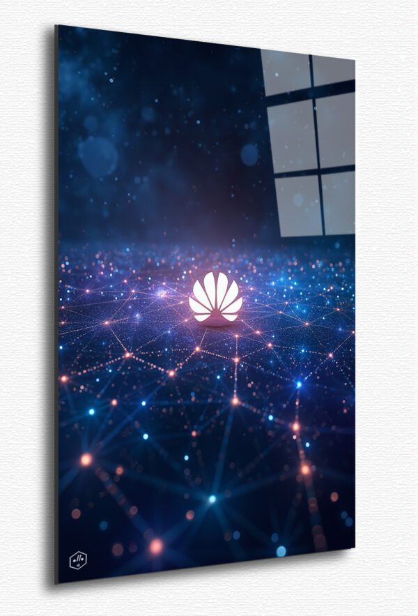 A cosmic network of stars and satellites forms a celestial map, with the Huawei logo glowing softly at the center