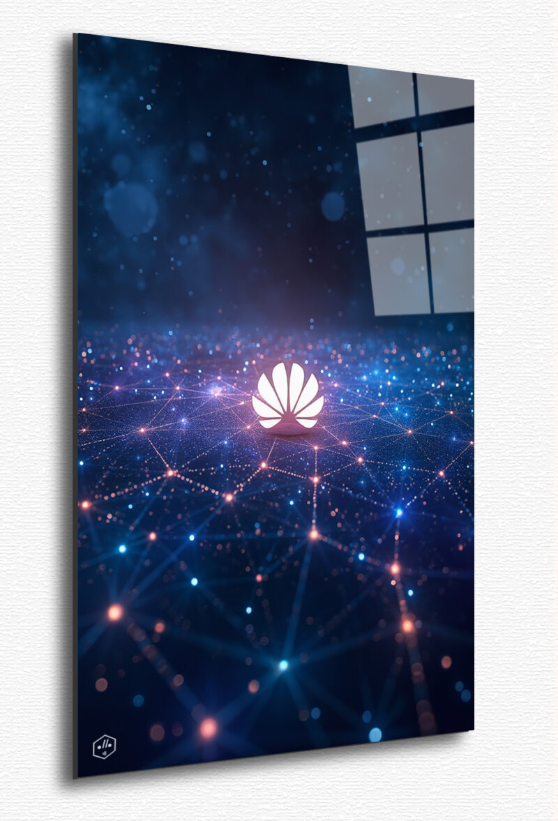 A cosmic network of stars and satellites forms a celestial map, with the Huawei logo glowing softly at the center