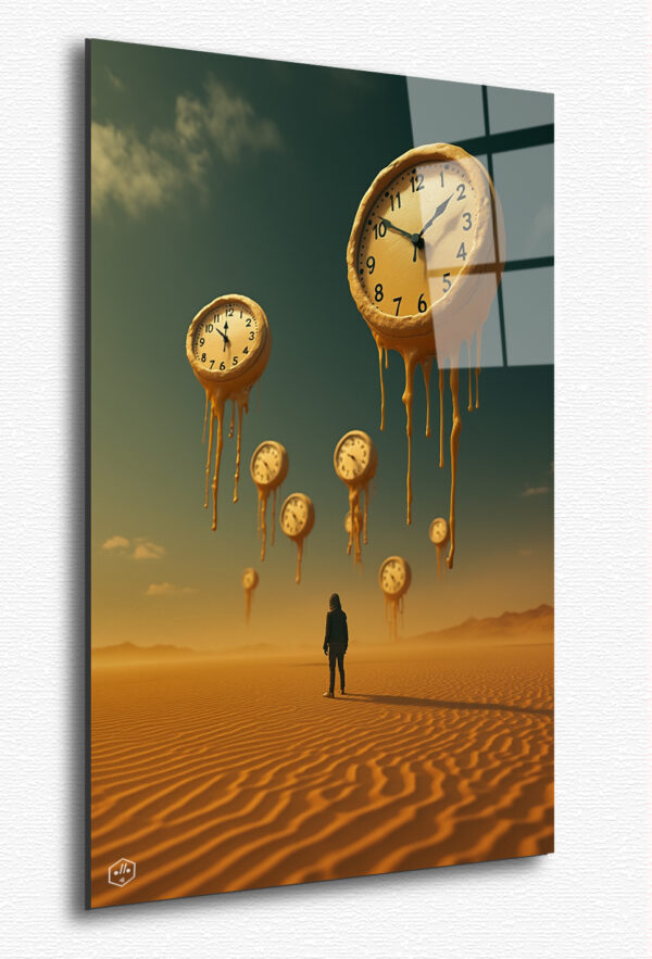 A vast desert filled with melting, floating clocks, their hands moving in random directions, representing time slipping through the fingers of existence.