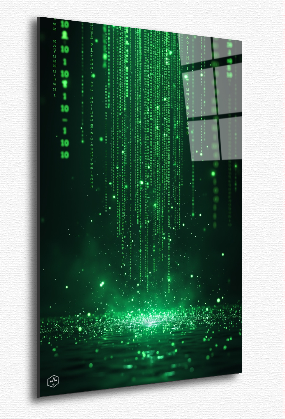 A mesmerizing flow of green binary code rains down like a digital waterfall, symbolizing the endless stream of information in The Matrix