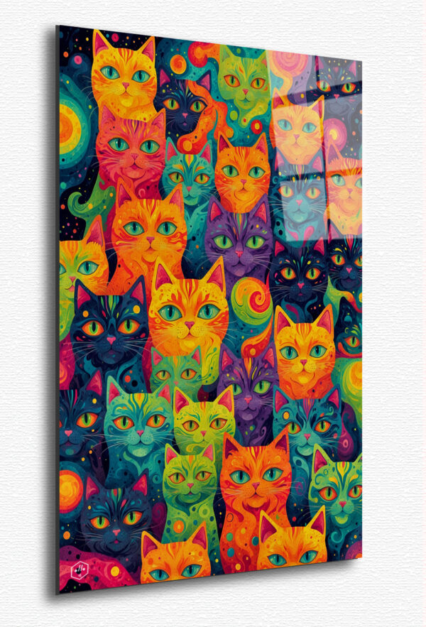 A trippy, psychedelic cat portrait, with swirling neon patterns and cosmic eyes, evoking a dreamy, hallucinatory world.