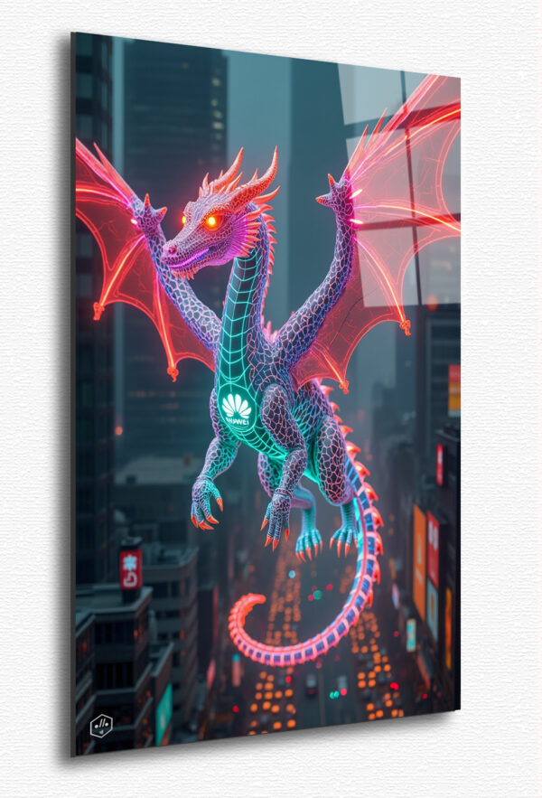 A futuristic dragon made of neon lights and circuit patterns, with the Huawei logo glowing softly on its chest