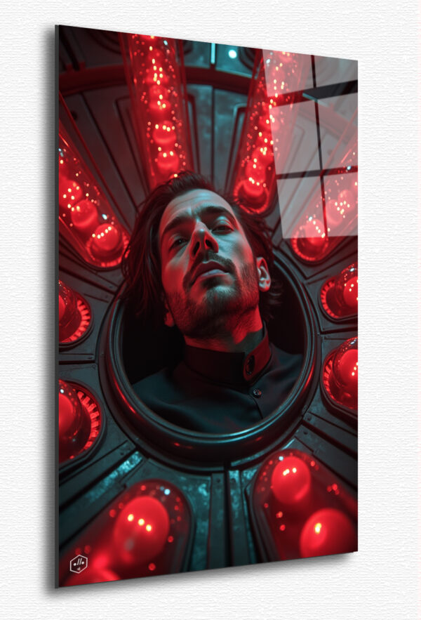 Neo’s awakening from the pod, his eyes opening to the harsh reality of the machine world.