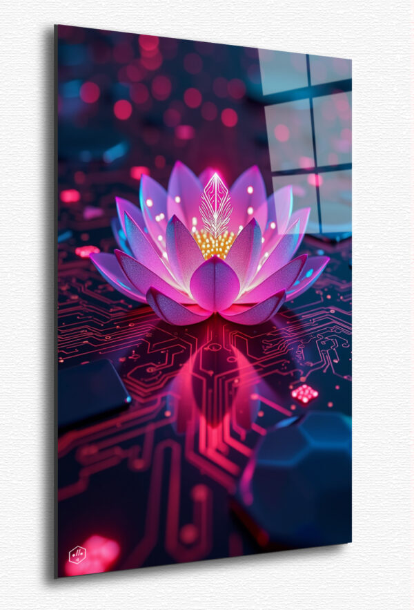 A glowing lotus flower blooms amidst a sea of neon lights and circuit patterns, with the Huawei logo at its core.
