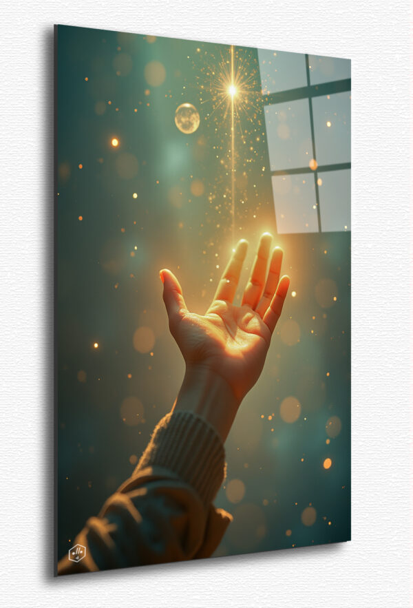 A single, radiant hand reaches towards a fading celestial light, capturing the warmth of a love that never disappears