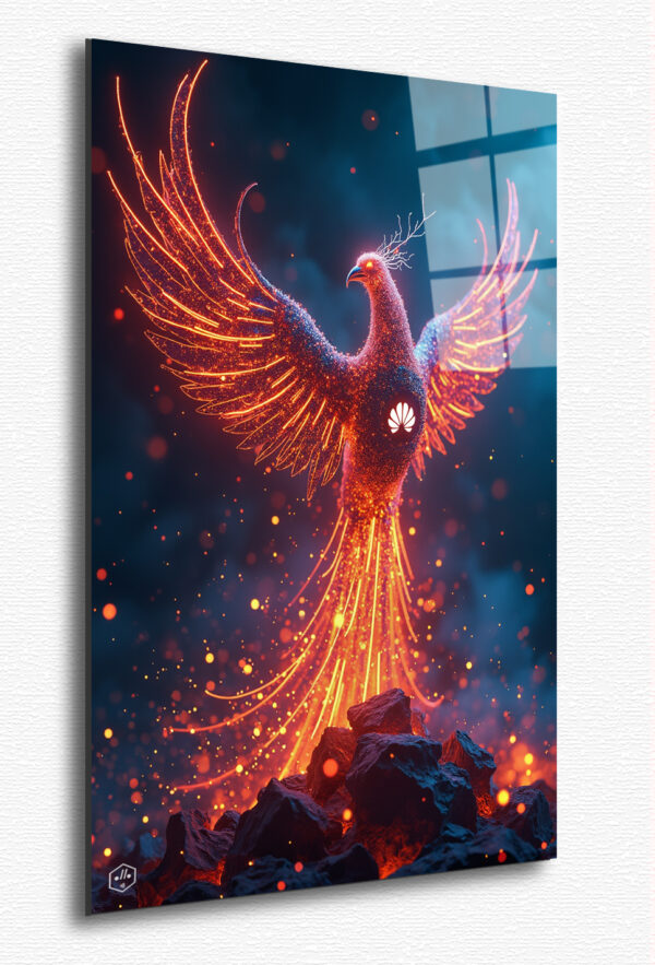 A phoenix made of glowing circuits and neon lights rises from ashes, with the Huawei logo embedded in its chest.