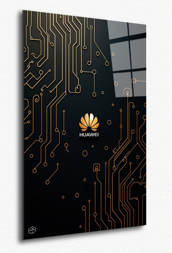 A minimalist composition of golden circuits flowing like rivers, with the Huawei logo subtly integrated as the source