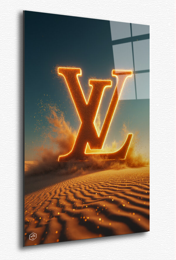 A giant floating Louis Vuitton monogram dissolves into golden sand, carried away by a soft cosmic wind, symbolizing the fleeting nature of luxury and dreams.