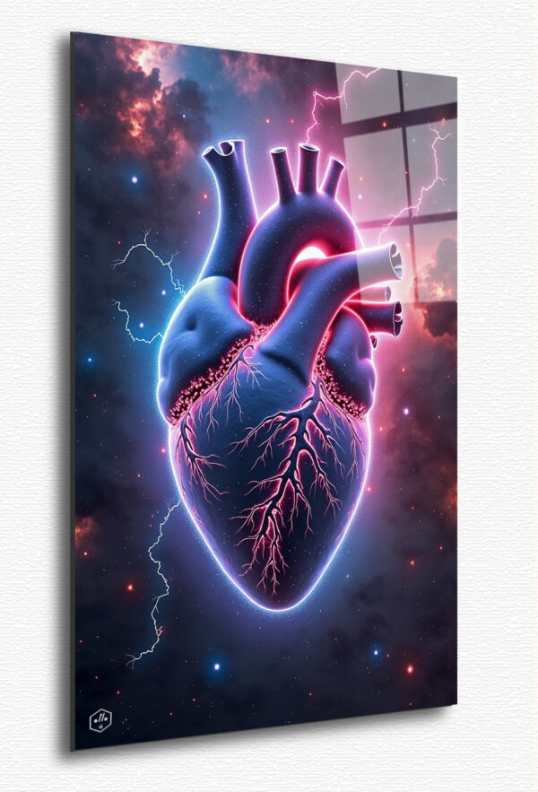 A cosmic nebula in the shape of a human heart pulses with radiant, neon energy, symbolizing the connection between music and the universe.