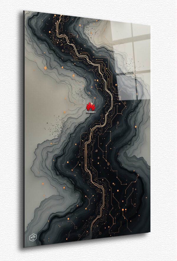 A flowing river of black ink morphs into digital circuits, with the Huawei logo subtly embedded in the center