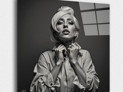 A bold, dramatic portrait of Lady Gaga, embracing her avant-garde spirit with timeless flair.