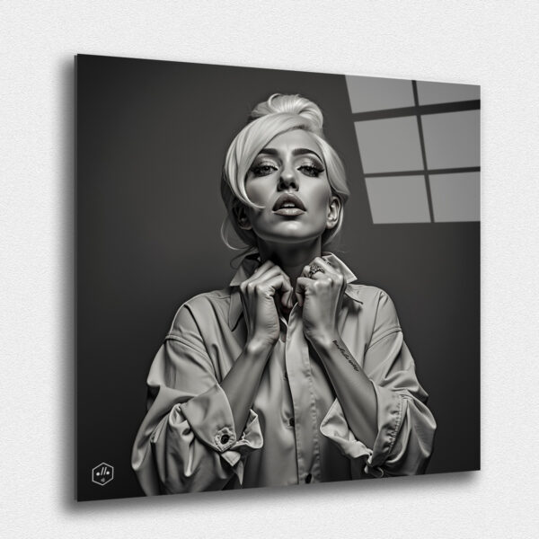 A bold, dramatic portrait of Lady Gaga, embracing her avant-garde spirit with timeless flair.