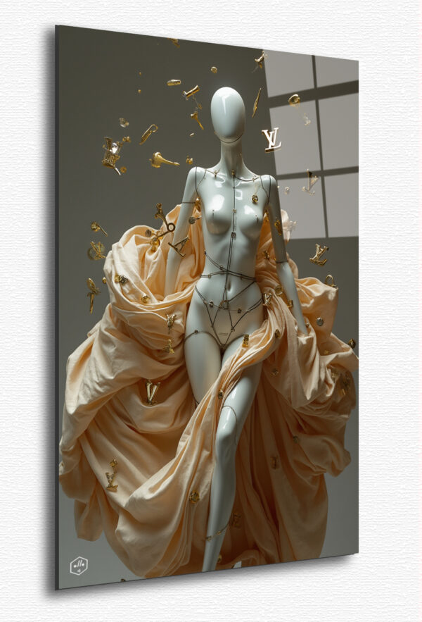 A surreal mannequin, half human, half made of Louis Vuitton monogram fabric, gracefully assembles itself in midair, symbolizing the artistry behind the brand.