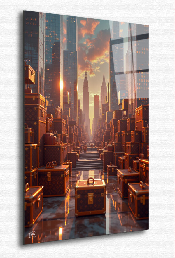 A futuristic city skyline made entirely of Louis Vuitton trunks and handbags, glowing softly under an iridescent sky.