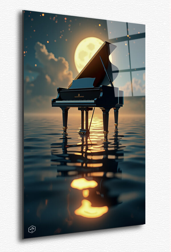 A grand piano floats weightlessly above a moonlit ocean, each keystroke sending ripples of golden light across the water’s surface