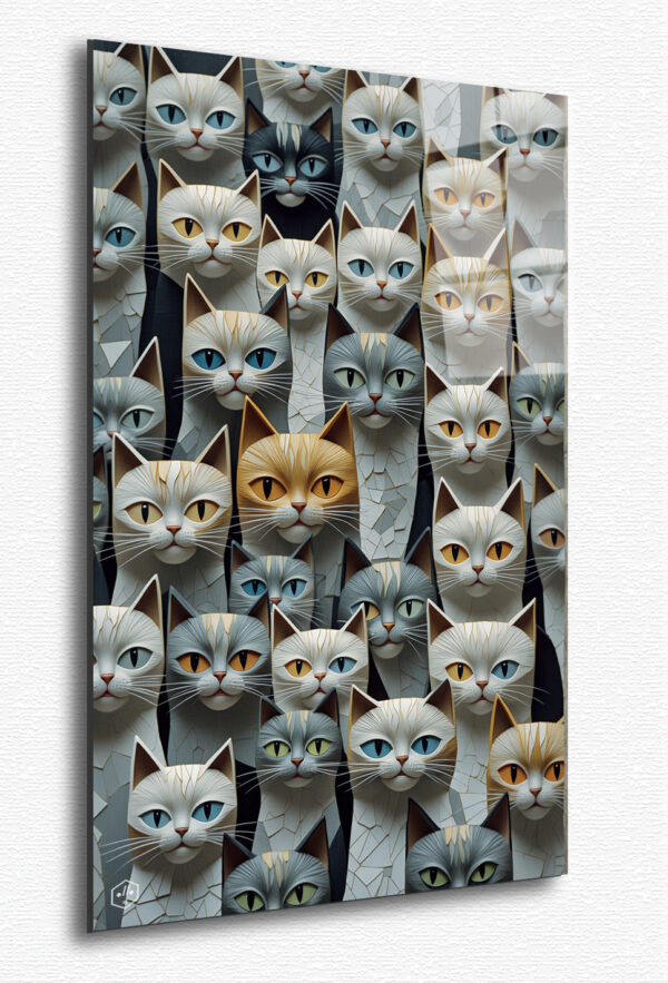 A mosaic-inspired cat face, composed of gray and blue tiles, in slightly raised relief.