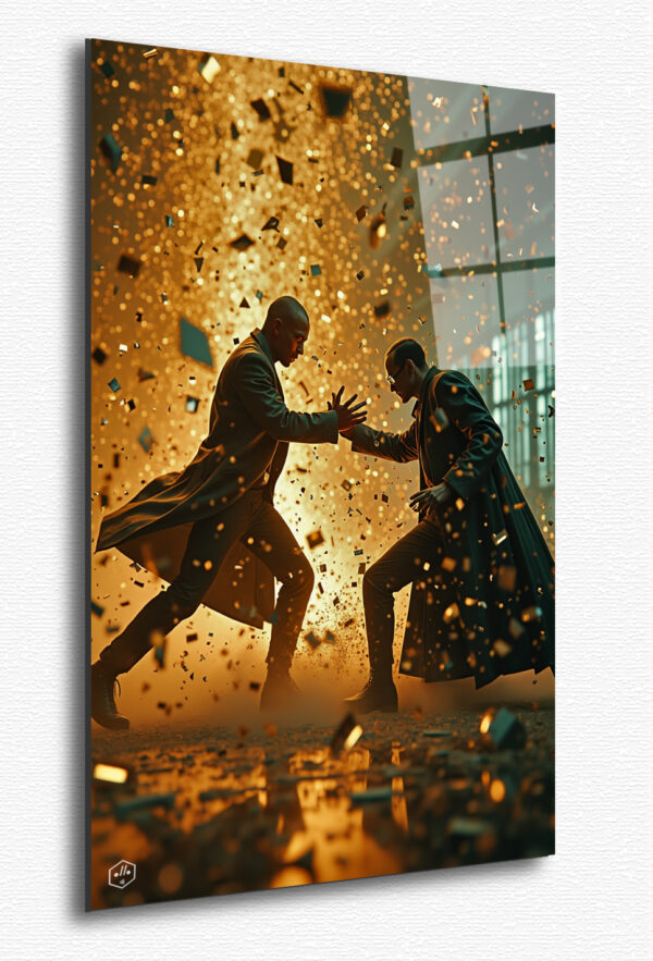 An epic confrontation between Neo and Agent Smith, their battle frozen in time amidst a storm of shattered glass and digital fragments.