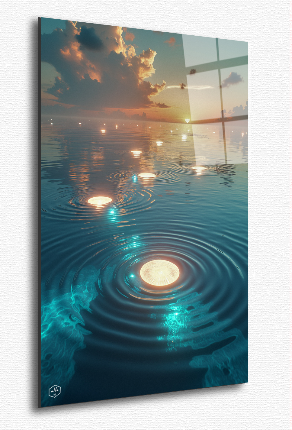 A surreal ocean stretches beyond infinity, reflecting a sky where floating islands of light shimmer in weightless serenity.