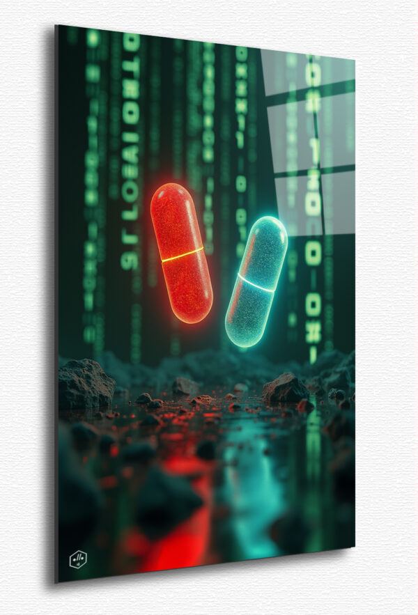 A surreal representation of the pivotal choice between reality and illusion, symbolized by two glowing pills