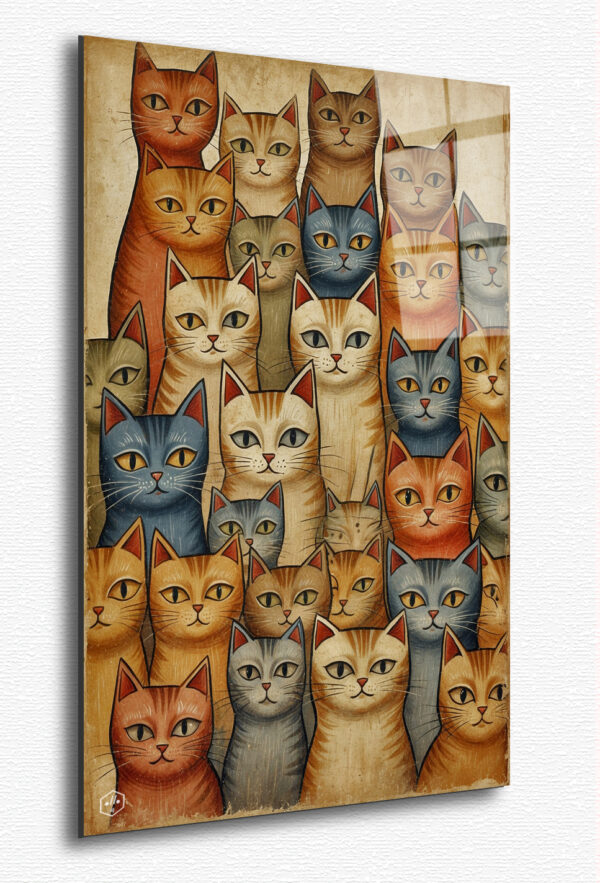 A vintage-inspired cat illustration, with soft muted colors and mid-century stylization.