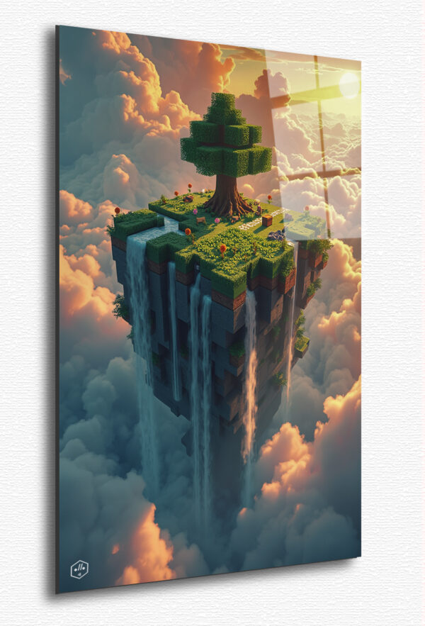 A floating Skyblock island, suspended high above the clouds, with waterfalls cascading into the void, embodying Minecraft’s endless creative possibilities.