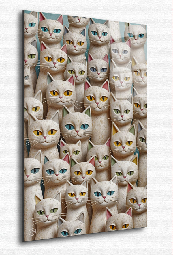 A cat portrait sculpted in soft, pale stone, with cream-colored texture and pastel tones in the eyes, evoking timeless elegance.