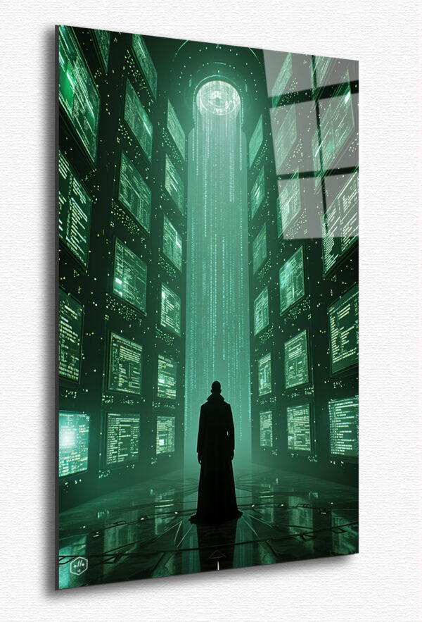 A surreal vision of the Architect’s chamber, where towering monitors display endless streams of code and cryptic symbols.